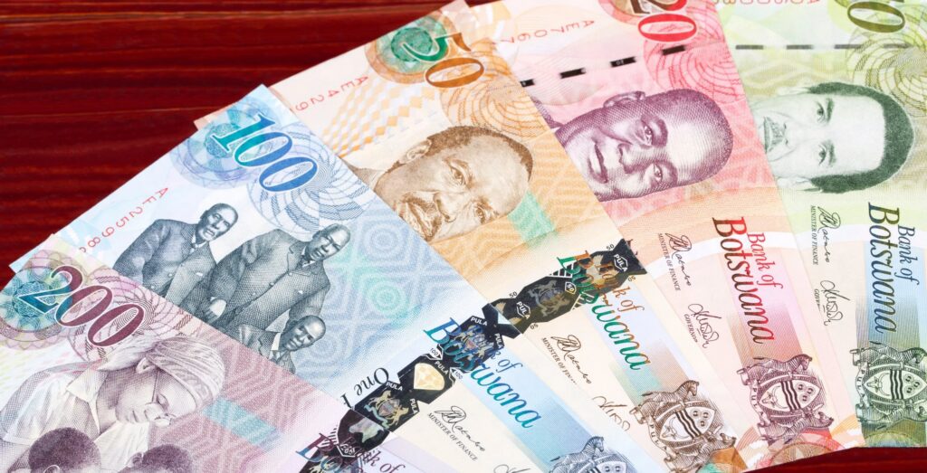 Une liasse de billets de Pula du Botswana (BWP) disposés en éventail.