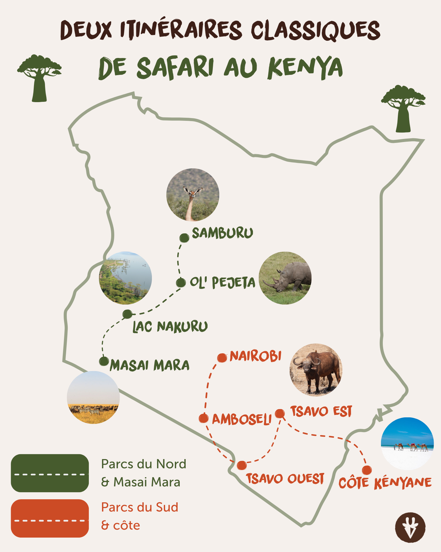 Carte montrant deux itinéraires classiques de safari au Kenya à travers les parcs du nord et le Masai Mara, ainsi que les parcs du sud et la côte kenyane.