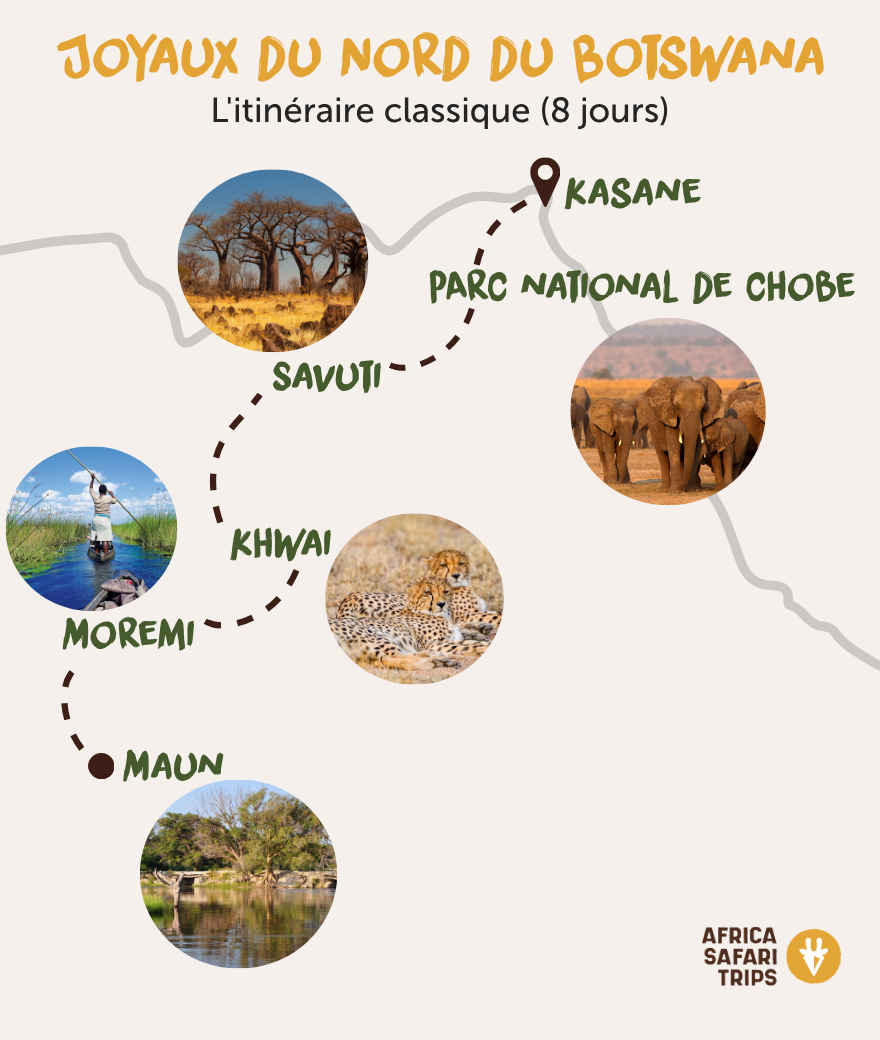 Carte de l'itinéraire de safari classique 8 jours au Botswana de Maun à Kasane